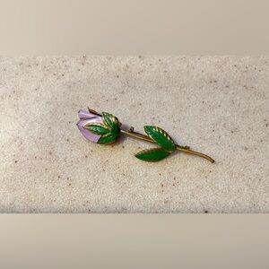 Lavender  Enamel Rose Brooch with Green Leaves - Made in Austria